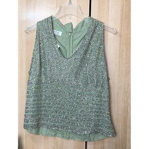 JKARA J Kara Beaded sleeveless top green silver v neck flattering style Formal